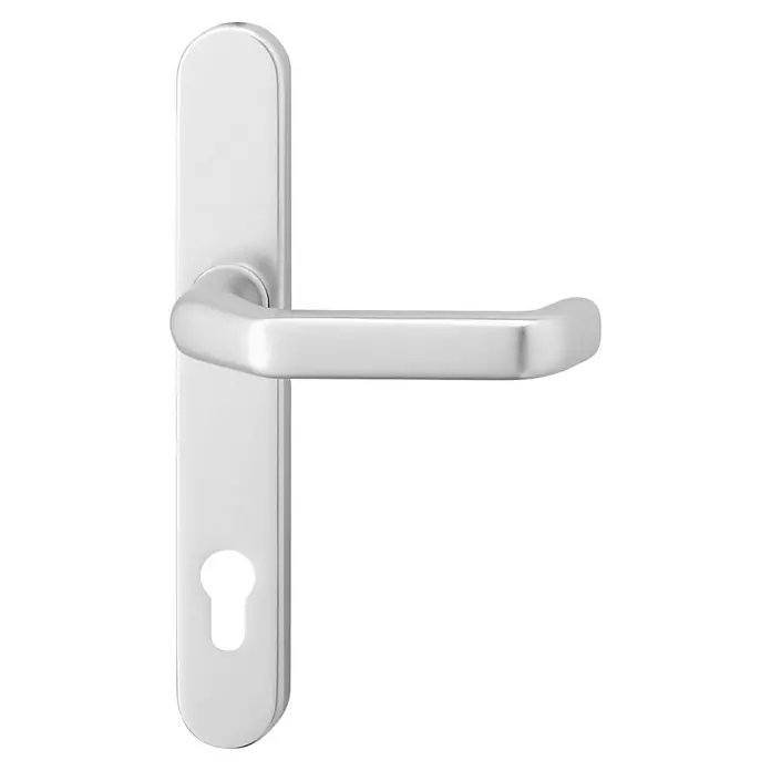Kantoflex Wechselgarnitur Kronos - Silber - Ein silberner Türgriff mit schlichtem, modernem Design, ideal für zeitgemäße Inneneinrichtungen, hervorstechend durch seine klare Form.