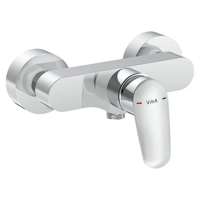 VitrA Flow Round Brausearmatur - Chom, Glänzend - Verchromte Einhebel-Duscharmatur mit VitrA-Branding und roten/blauen Indikatoren am Griff.