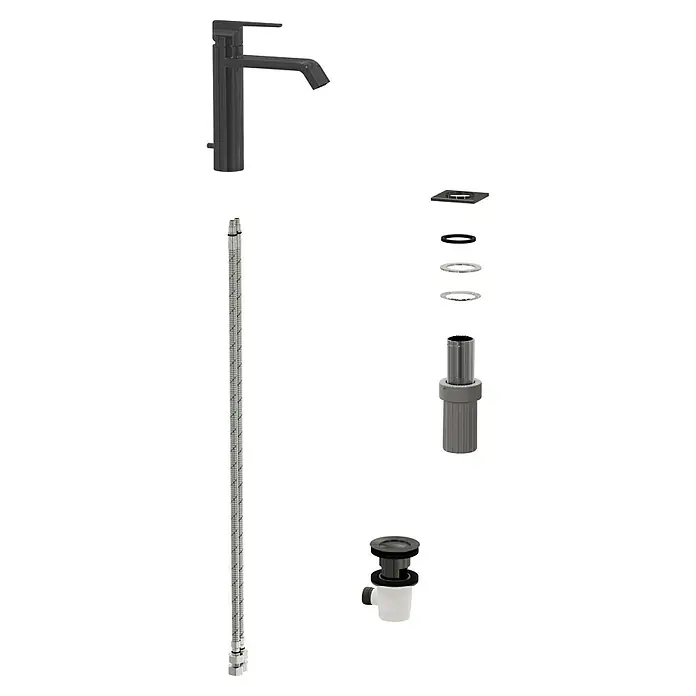 VitrA Suit Waschtischarmatur - Schwarz, Glänzend, Höhe: 19 cm - Diverse dunkelgraue/schwarze und silberne Sanitärkomponenten für ein Waschbecken, darunter ein Wasserhahn, flexible Schläuche und Abflussteile.