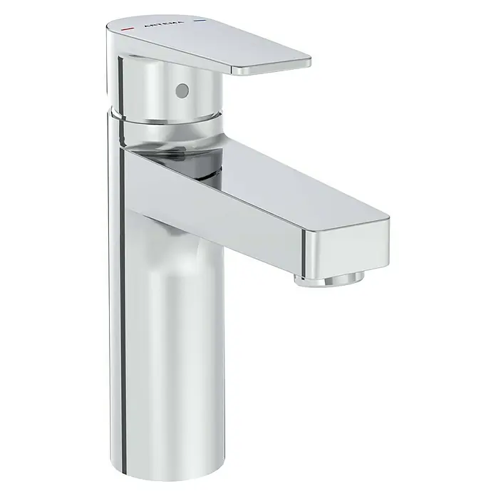 VitrA Flow Square Waschtischarmatur - Chrom, Glänzend, Höhe: 17,6 cm, Ohne Zugstange - Elegante verchromte Einhebel-Badarmatur mit „ARTEMA“-Marke und Rot/Blau-Indikatoren.