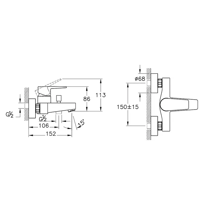 VitrA Flow Square Badewannenarmatur - Schwarz, Matt - Technische Zeichnung einer Wand-Duscharmatur mit Maßen, inklusive Montageabstand von 150±15mm und Gesamthöhe von 113mm.