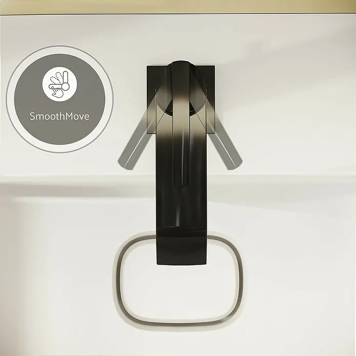 VitrA Suit Waschtischarmatur - Schwarz, Glänzend, Höhe: 19 cm - Schwarzer Möbelgriff mit SmoothMove-Funktion, der flüssige und leise Bewegung zeigt.