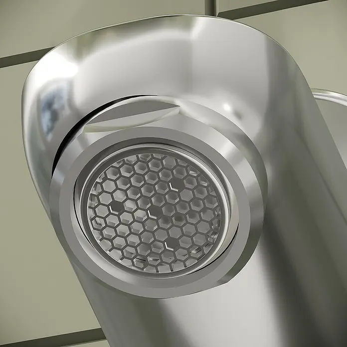 VitrA Flow Round Waschtischarmatur - Höhe: 27 cm, Ausladung Armatur: 151 mm, Chrom, Mit Zugstange - Nahaufnahme eines glänzenden Chrom-Wasserhahnluftsprudlers mit sechseckigem Sieb.