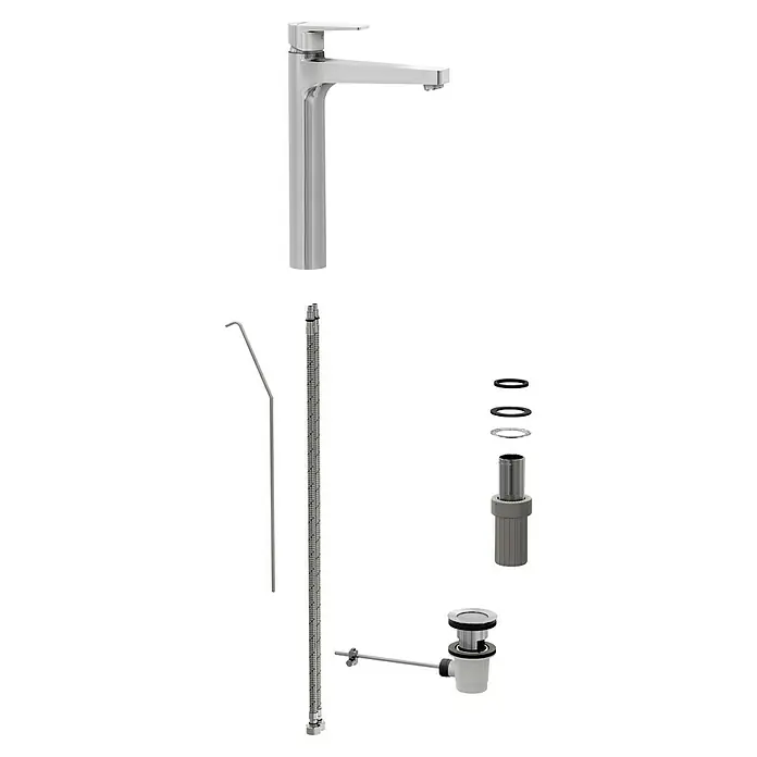 VitrA Flow Square Waschtischarmatur - Chrom, Glänzend, Höhe: 30 cm, Mit Zugstange - Ein zerlegtes modernes Chrom-Waschtischarmaturen-Set mit Armatur, flexiblen Schläuchen, Montageteilen und einem Push-Open-Ablauf.