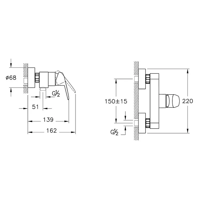 VitrA Flow Round Brausearmatur - Chom, Glänzend - Technisches Zeichnung eines wandmontierten Mischers mit detaillierten Abmessungen, Vorder- und Seitenansicht.