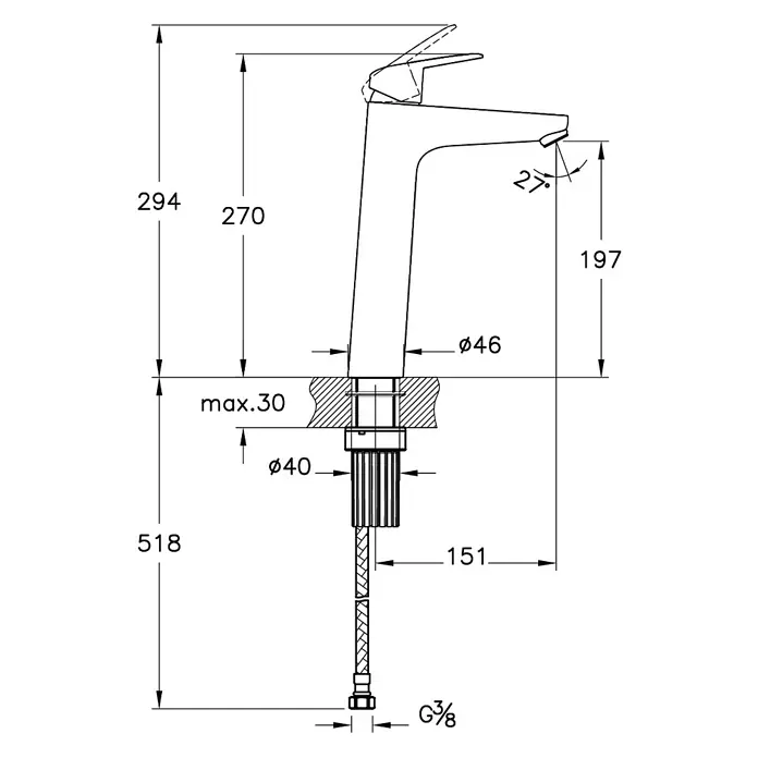 VitrA Flow Round Waschtischarmatur - Höhe: 27 cm, Ausladung Armatur: 151 mm, Chrom, Ohne Zugstange - Bemaßte technische Zeichnung einer modernen Einhebel-Waschtischarmatur, zeigt Höhe, Ausladung und Installationsdetails.