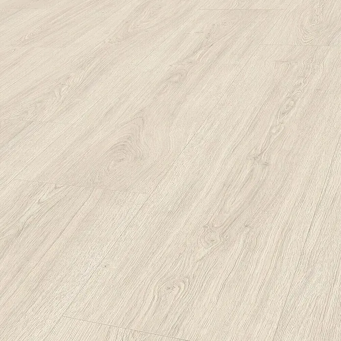 Egger Laminat NatureSense Aqua - Victoria Eiche weiß, Landhausdiele, 1.292 x 246 x 8 mm - Eine Nahaufnahme von hellem Laminatboden mit Holzmaserung. Perfekt für moderne Wohnräume und Büros.