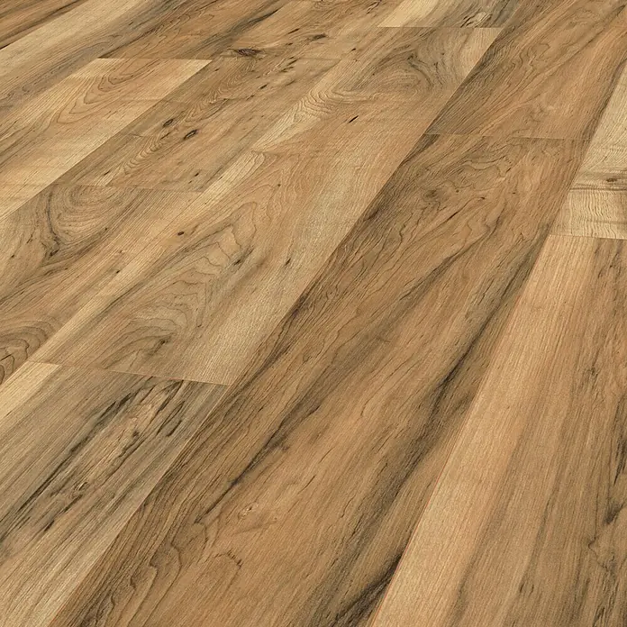 Egger Laminat NatureSense Aqua - Perganti Nussbaum braun, Landhausdiele, 1.292 x 193 x 8 mm - Nahaufnahme eines Laminatbodens mit Holzmaserung, der Wärme und natürliche Eleganz ausstrahlt. Perfekt für stilvolle Innenräume.