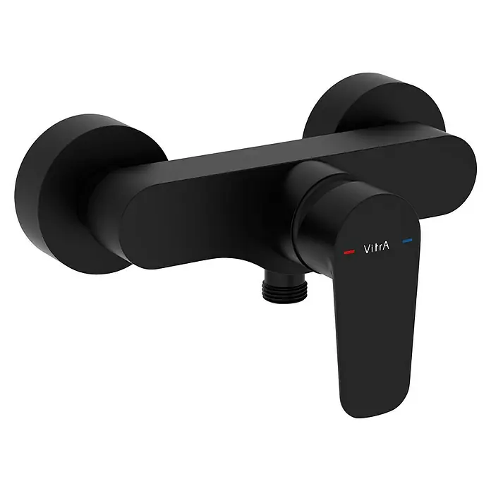VitrA Flow Soft Brausearmatur - Ausladung: 12,7 cm, Schwarz, Matt - Mattschwarze Einhebel-Duscharmatur mit VitrA-Logo und rot/blau Warm-/Kaltanzeigen.