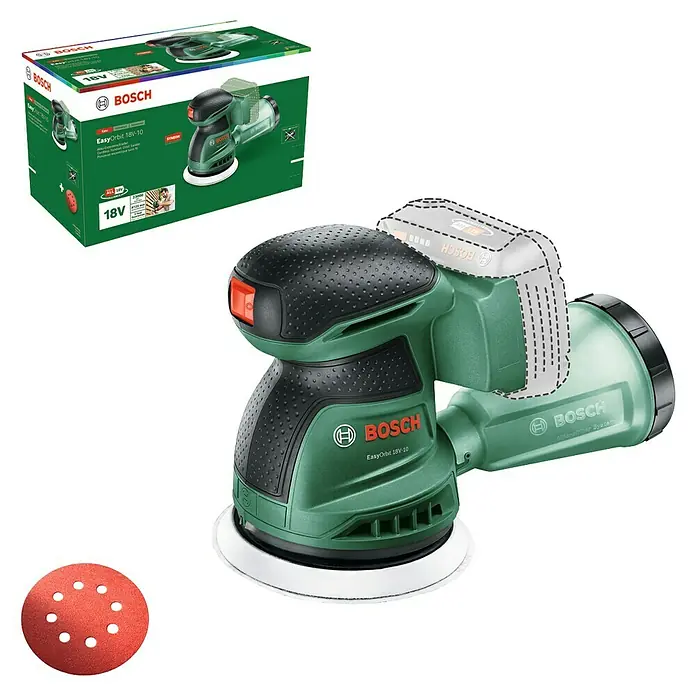 Bosch Power for All 18V Akku-Exzenterschleifer EasyOrbit 18V-10 - 18 V, Ohne Akku, Durchmesser Schleifteller: 125 mm - Abbildung eines Bosch EasyOrbit 18V-10 Akku-Exzenterschleifers mit Akku und Schleifpapier sowie der Produktverpackung.