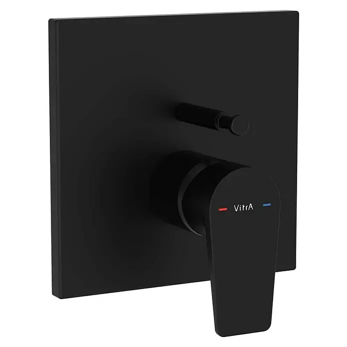 VitrA Flow Square UP-Badewannenarmatur - Ausladung Armatur: 90 mm, Schwarz, Matt - Mattschwarze VitrA Duscharmatur mit quadratischer Blende, Hebelgriff und rundem Umstellknopf.
