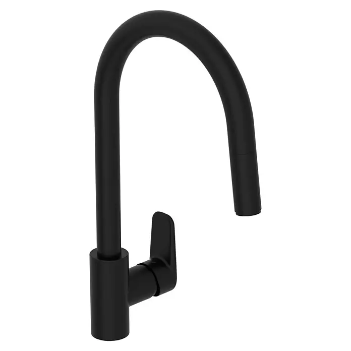 VitrA Flow Soft Spültischarmatur - Ausziehbar, Schwarz, Matt, Höhe: 39,9 cm - Mattschwarze, moderne Küchenarmatur mit hohem Bogenauslauf und Einhebelgriff.
