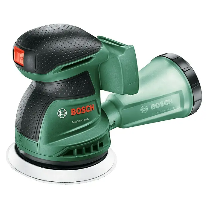 Bosch Power for All 18V Akku-Exzenterschleifer EasyOrbit 18V-10 - 18 V, Ohne Akku, Durchmesser Schleifteller: 125 mm - Ein grüner Bosch EasyOrbit 18V-10 Akku-Exzenterschleifer mit Staubfangbox, ideal für Schleifarbeiten.