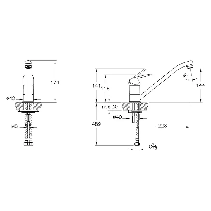 VitrA Flow Round Spültischarmatur - Niederdruck, Chrom, Glänzend, Höhe: 17,4 cm - Technische Zeichnung einer Einhebel-Küchenarmatur mit detaillierten Maßen für Installation, Höhe, Reichweite und Anschlüsse.