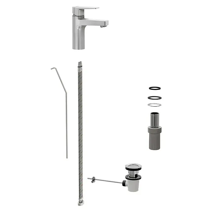 VitrA Flow Square Waschtischarmatur - Chrom, Glänzend, Höhe: 15,6 cm, Mit Zugstange - Chromarmatur, flexible Schläuche und Pop-up-Ablaufgarnitur für ein Waschbecken.