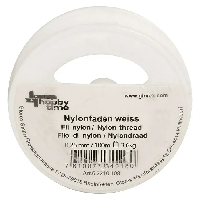Hobby Time Nylonfaden - Ø x L: 0,25 mm x 100 m, Weiß - Spule mit weißem Nylonfaden von Hobby Time, 0,25 mm dick und 100 m lang, ideal zum Basteln und für Schmuckprojekte.