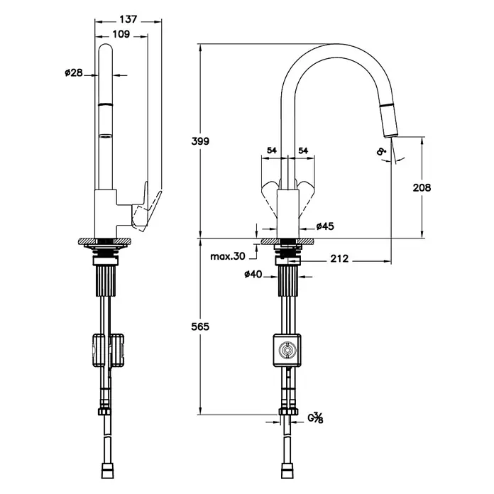 VitrA Flow Soft Spültischarmatur - Ausziehbar, Schwarz, Matt, Höhe: 39,9 cm - Technische Zeichnung einer Küchenarmatur mit Ausziehbrause, mit Maßen.