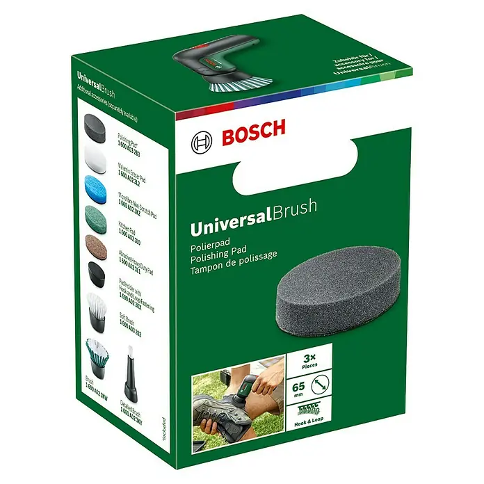 Bosch Polierpad - Durchmesser: 65 mm, Passend für: Bosch Akku-Reinigungsbürste UniversalBrush - Bosch Polierpad für UniversalBrush: 3er-Pack, 65mm, Klettverschluss, zeigt Werkzeug in Anwendung.