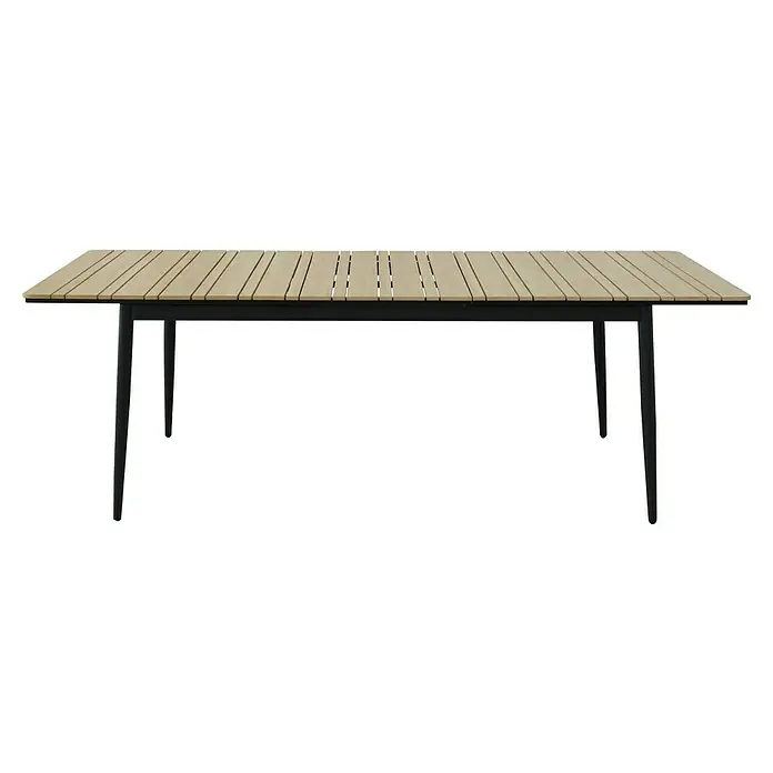Gartentisch - L x B x H: 180 x 100 x 76 cm, Polywood - Ein Gartentisch mit einer hellen Holzplatte und einem dunklen Gestell, ideal für Mahlzeiten im Freien.