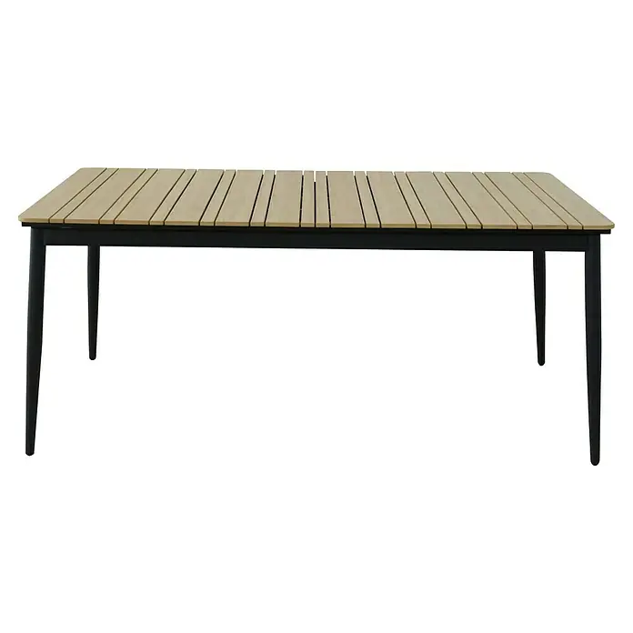 Gartentisch - L x B x H: 180 x 100 x 76 cm, Polywood - Ein rechteckiger Gartentisch mit einer hellen Holzlattenplatte und einem modernen schwarzen Metallgestell für den Außenbereich.