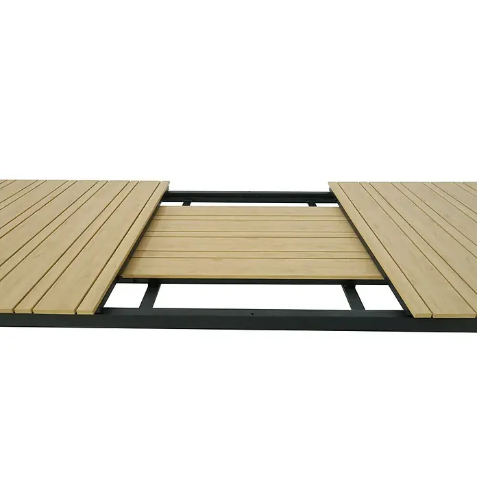 Gartentisch - L x B x H: 180 x 100 x 76 cm, Polywood - Detailansicht des ausziehbaren Tisches mit Holzlatten und einem stabilen Metallrahmen für den Außenbereich, ideal für Garten oder Terrasse.