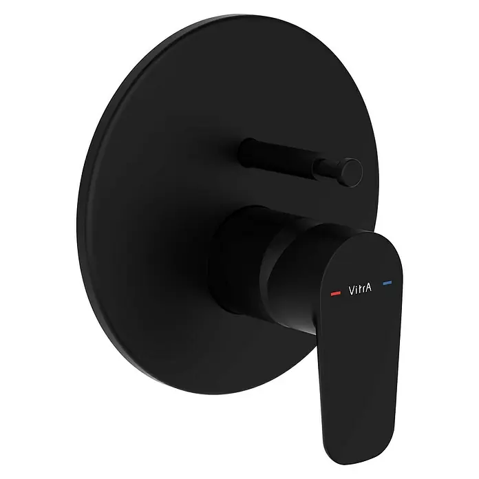 VitrA Flow Soft UP-Badewannenarmatur - Schwarz, Matt, Ausladung Armatur: 87 mm - Mattschwarze Duscharmatur mit runder Basisplatte und Einhebelgriff, mit VitrA-Logo.