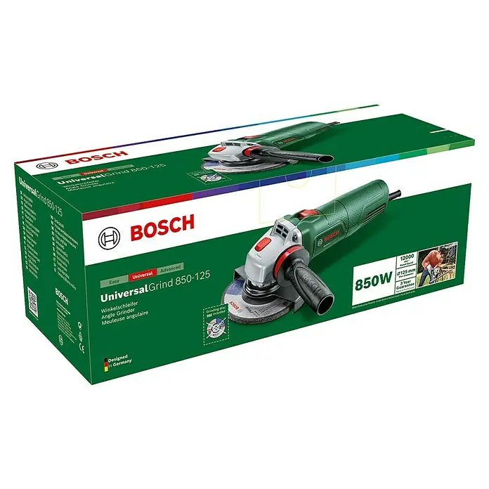 Bosch Elektro-Winkelschleifer UniversalGrind 850-125 - 850 W, Durchmesser Scheibe: 125 mm, Leerlaufdrehzahl: 12.000 U/min - Nahaufnahme der Verpackung eines Bosch UniversalGrind 850-125 Winkelschleifers mit dem Gerät auf dem Karton abgebildet.