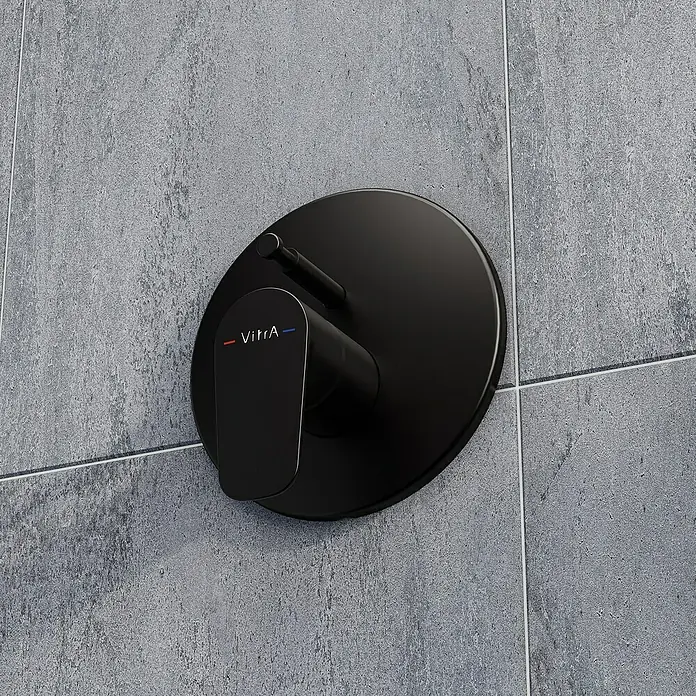 VitrA Flow Soft UP-Badewannenarmatur - Schwarz, Matt, Ausladung Armatur: 87 mm - Schwarze VitrA Duscharmatur mit flachem Hebel und Umsteller.