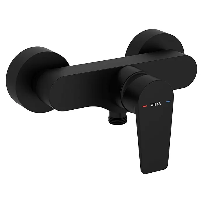 VitrA Flow Square Brausearmatur - Ausladung: 12,7 cm, Schwarz, Matt - Mattschwarzer Duschmischer mit Einhebelgriff, Heiß-/Kalt-Anzeigen und 'VitrA'-Logo.