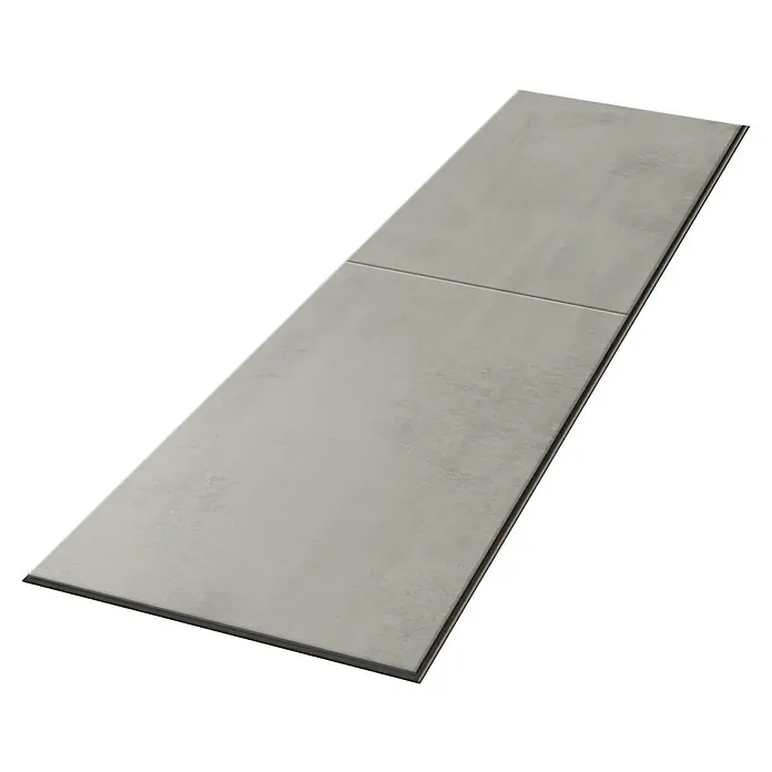 Egger Laminat Aquadura+ - Chromix silber, 1.292 x 327 x 7,5 mm - Diese Nahaufnahme zeigt zwei graue Bodenfliesen mit einer leicht strukturierten Oberfläche, ideal für moderne Innenräume.