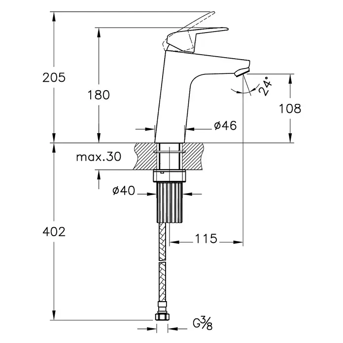 VitrA Flow Round Waschtischarmatur - Höhe: 18 cm, Ausladung Armatur: 115 mm, Chrom, Ohne Zugstange - Technische Zeichnung einer Einhebel-Waschtischarmatur mit Maßen und G3/8 Anschluss für die Installation.