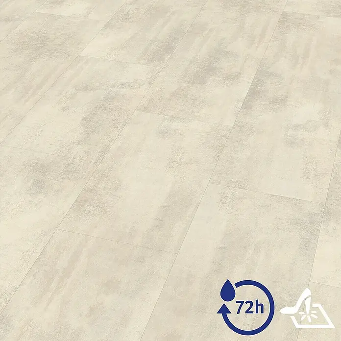 Egger Laminat Aquadura+ - Chromix weiss, Fliese, 1.292 x 327 x 7,5 mm - Bodenbelag imitiert Steinoptik, mit Feuchtigkeitsschutzsymbol und Schuhsymbol für Strapazierfähigkeit. Ideal für stark frequentierte Bereiche.