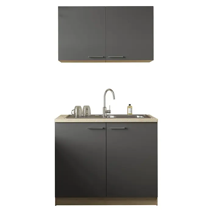 Respekta Merle Komplettspüle Typ 2 - 100 x 60 cm, Grau - Elegante graue Küchenzeile mit Spüle, Armatur und viel Stauraum in Ober- und Unterschränken. Praktisches und stilvolles Design.