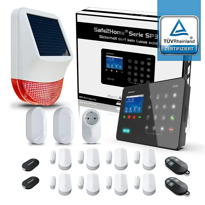Safe2Home Alarmanlagen-Set Profi Serie SP310 - 17 -tlg., L x B x H: 195 x 136 x 31 mm - Abbildung eines Safe2Home SP310 Alarmsystems, das eine Alarmanlage, Sensoren und Fernbedienungen umfasst.