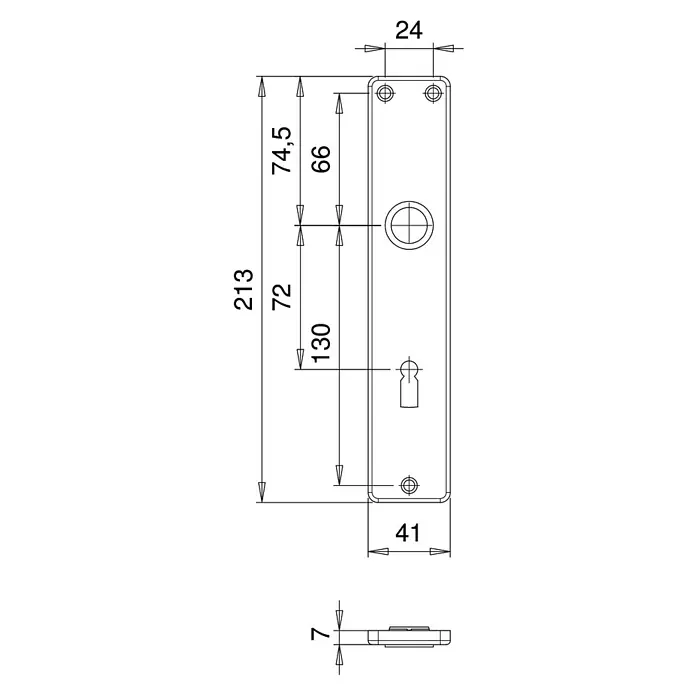 Portaferm Langschild ZT - Distanznorm: 72 mm, Buntbart, Silber, Eckig - Produktbild einer Türschild-Zeichnung mit detaillierten Maßen, die die Abmessungen für eine genaue Installation angibt.