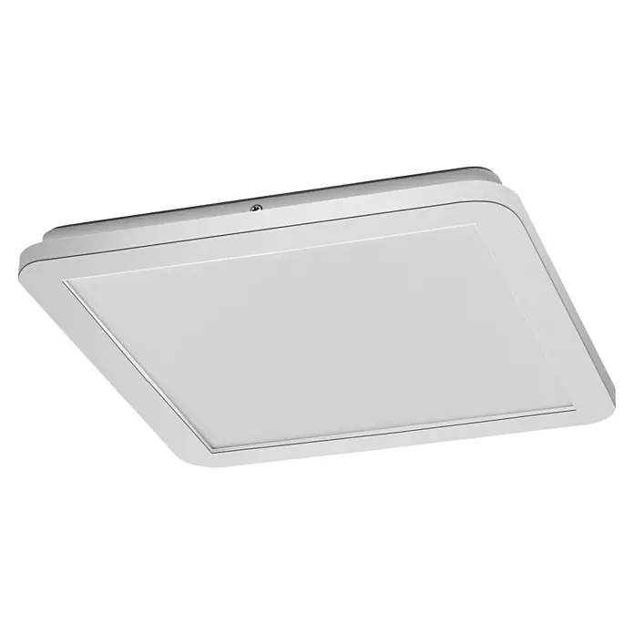 Ledvance Orbis LED-Deckenleuchte Disc - 22 W, Ø x H: 30 x 3 cm, Chrome, Warmweiß, Quadratisch - Nahaufnahme einer quadratischen LED-Deckenleuchte mit abgerundeten Kanten und einer weißen, diffusen Oberfläche vor dunklem Hintergrund.