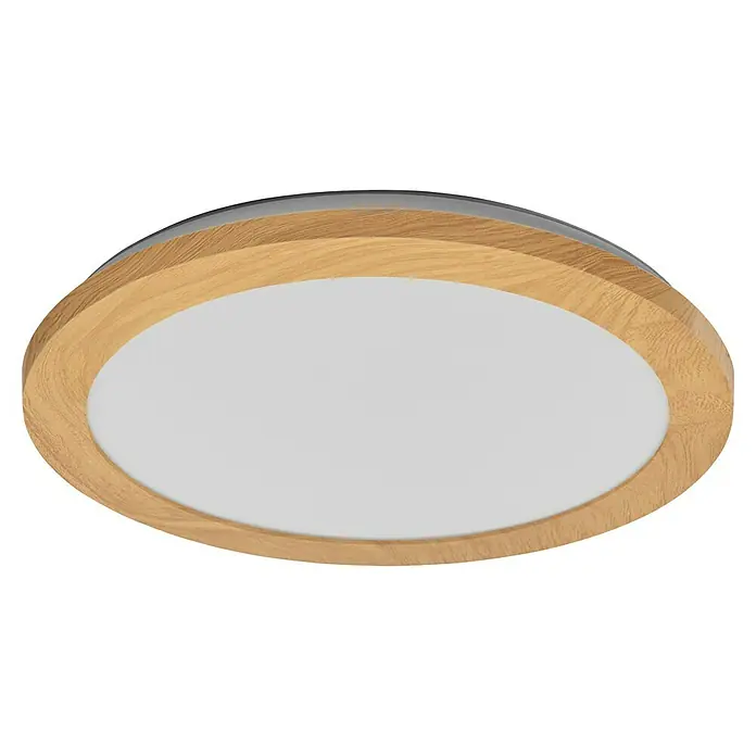 Ledvance Orbis Plafón LED redondo - 22 W, Ø x Al: 30 x 3 cm, Marrón, Blanco neutro - Primer plano de una lámpara de techo redonda con marco de madera y difusor blanco, que promete un brillo cálido y acogedor.
