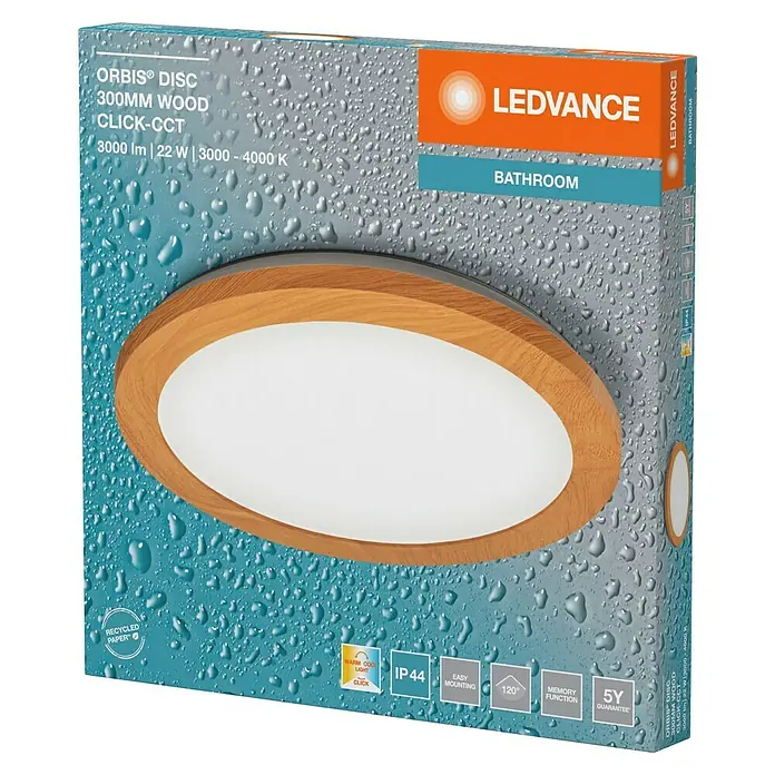 Ledvance Orbis Plafón LED redondo - 22 W, Ø x Al: 30 x 3 cm, Marrón, Blanco neutro - Embalaje de la lámpara de baño LEDVANCE ORBIS® DISC 300MM WOOD CLICK-CCT, que muestra detalles técnicos y características del producto.