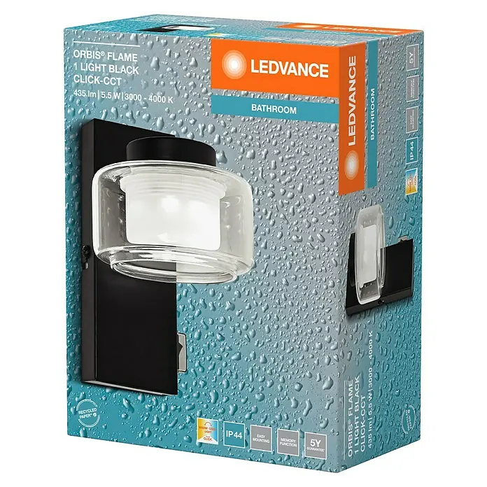 Ledvance Orbis Aplique de pared LED - 5,5 W, L x An x Al: 10 x 12 x 15 cm, Negro, 1 ud. - La imagen del producto muestra un aplique LEDVANCE Orbis Flame en negro, ideal para baños con luz blanca cálida.