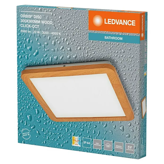 Ledvance Orbis Plafón LED - 22 W, L x An x Al: 30 x 30 x 3 cm, Blanco neutro - Embalaje de la lámpara de baño de madera LEDVANCE ORBIS® DISC 300x300mm con función CCT, que permite luz cálida y fría.