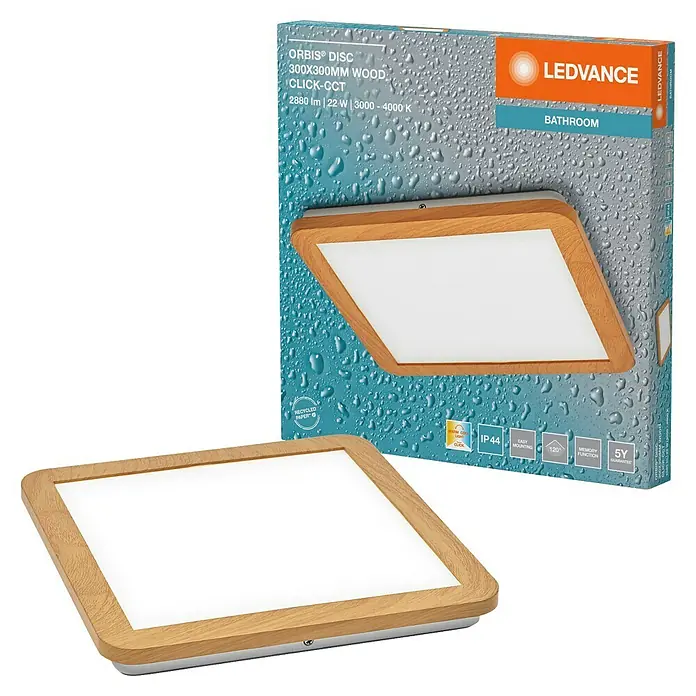 Ledvance Orbis Plafón LED - 22 W, L x An x Al: 30 x 30 x 3 cm, Blanco neutro - En la imagen se muestra la lámpara de baño LEDVANCE ORBIS® DISC 300x300MM WOOD CLICK-CCT con marco de madera y detalles técnicos.