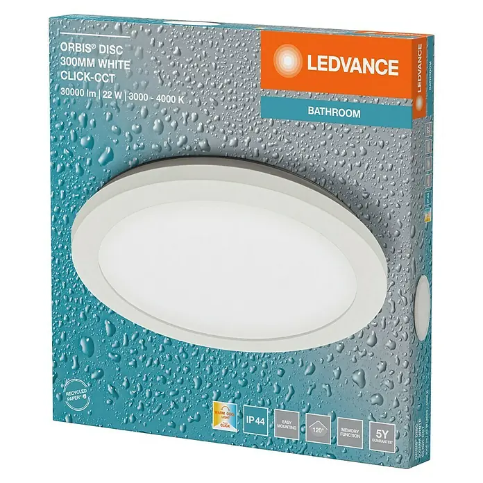 Ledvance Orbis LED-Deckenleuchte Disc - 22 W, Ø x H: 30 x 3 cm, Weiß, Warmweiß, Rund - Nahaufnahme der Verpackung einer LEDVANCE Orbis Disc 300mm White Click-CCT Badleuchte, die ein modernes Design und Funktionen hervorhebt.