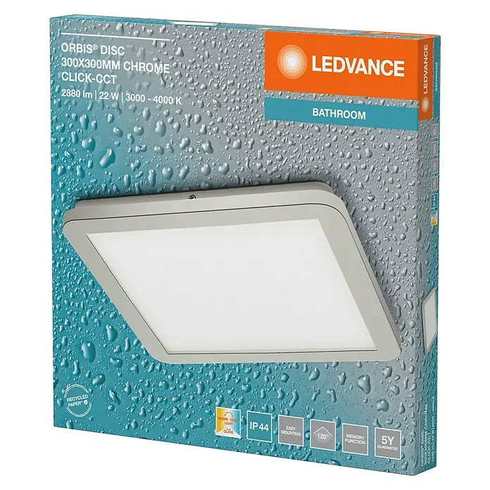 Ledvance Orbis LED-Deckenleuchte Disc - 22 W, Ø x H: 30 x 3 cm, Chrome, Warmweiß, Quadratisch - Bild eines LEDVANCE Orbis Disc 300x300mm Chrom Deckenleuchte mit CCT-Funktion, ideal fürs Bad, energiesparend und langlebig.