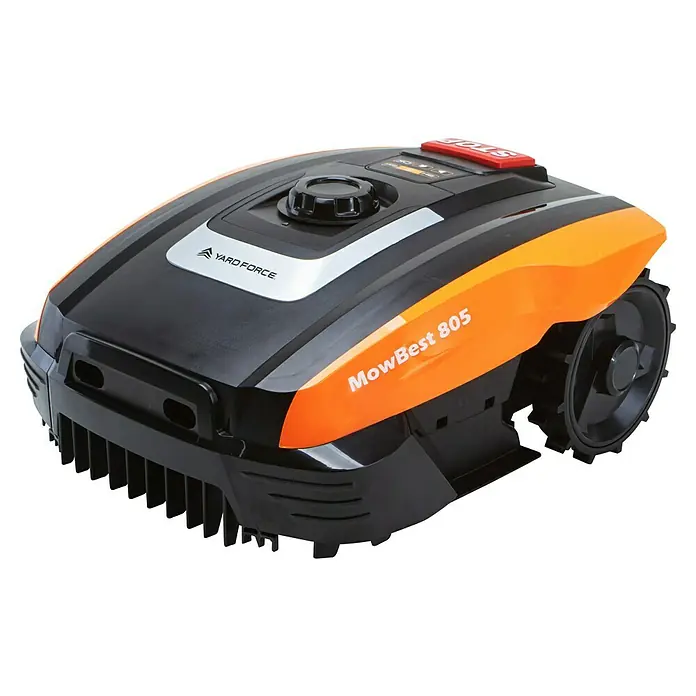 Yard Force Mähroboter Mowbest 805 - 250 m², Schnittbreite: 16 cm, Induktionsgestützte Navigation, Begrenzungskabel - Schwarz-orangefarbener Mähroboter Yard Force MowBest 805 mit Bedienfeld und großen profilierten Rädern.