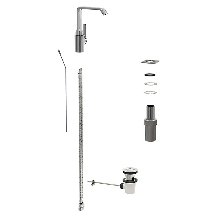 VitrA Suit Waschtischarmatur - Chrom, Glänzend, Mit Zugstange, Höhe: 20,6 cm - Zerlegter verchromter Spülbeckenhahn und Ablaufgarnitur mit flexiblen Schläuchen und Exzenterstopfen.