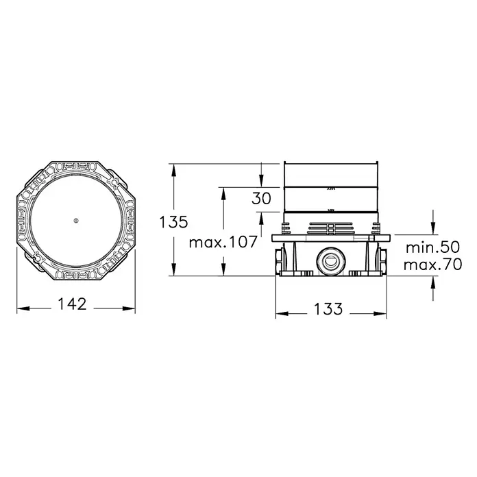 VitrA Unterputzsystem V-Box - ½″ - Technische Zeichnung einer runden Installationsdose mit achteckigem Rahmen, mit Draufsicht, Seitenansicht und Maßen.