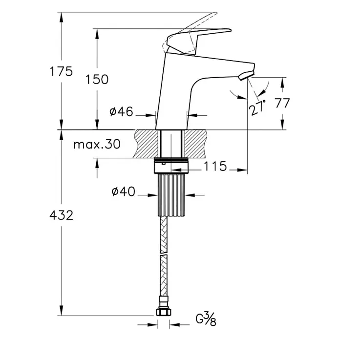 VitrA Flow Round Waschtischarmatur - Höhe: 15 cm, Ausladung Armatur: 114 mm, Chrom, Ohne Zugstange - Technische Zeichnung einer Einhebelarmatur mit Einbaumaßen, inkl. Höhe, Ausladung und G3/8-Anschluss.