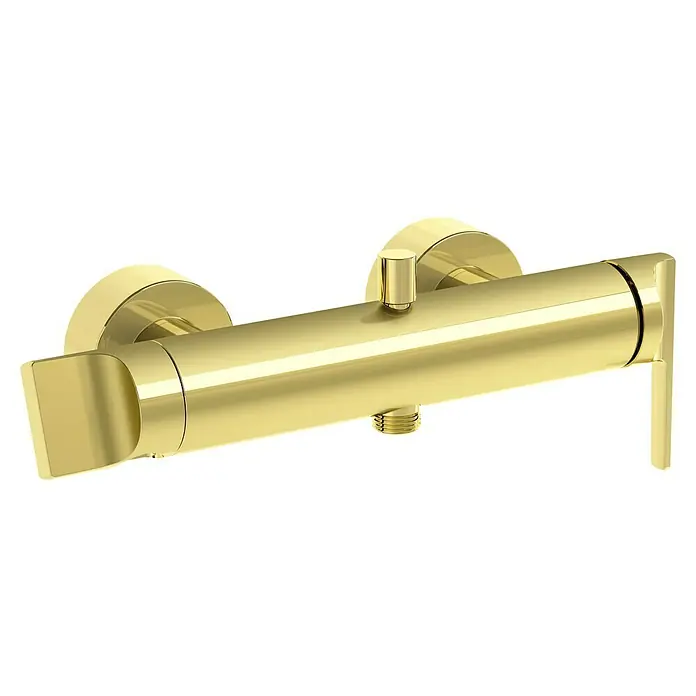 VitrA Suit Badewannenarmatur - Gold, Glänzend - Goldfarbene wandmontierte Duscharmatur mit rechteckigem Griff und kleinem Umstellknopf.