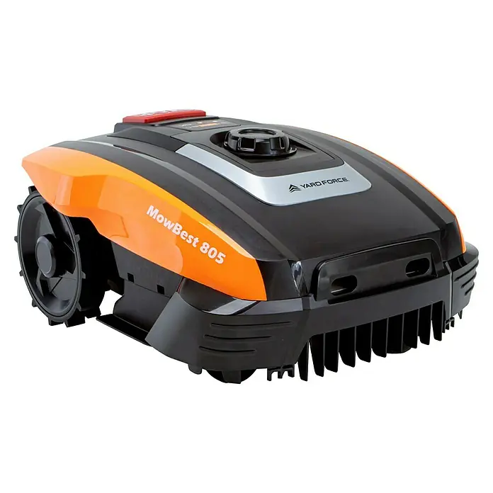 Yard Force Mähroboter Mowbest 805 - 250 m², Schnittbreite: 16 cm, Induktionsgestützte Navigation, Begrenzungskabel - Ein orange-schwarzer Mähroboter der Marken 'MowBest 805' und 'Yard Force' mit großen profilierten Rädern.
