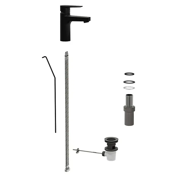 VitrA Flow Square Waschtischarmatur - Schwarz, Matt, Höhe: 15,6 cm, Mit Zugstange - Zerlegte schwarze Waschtischarmatur mit geflochtenen Anschlussschläuchen und Ablaufgarnitur-Komponenten.